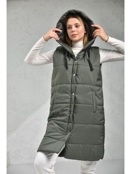 Sütlü Kahve Kapüşonlu Cepli Şişme Haki Yelek