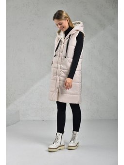 Sütlü Kahve Kapüşonlu Cepli Şişme Krem Yelek