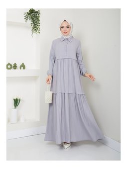 Viskon Kumaş Yaka Gri Gömlek Elbise