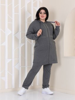 Gri Taş Detaylı Fermuarlı Kapüşonlu Battal Eşofman Takım