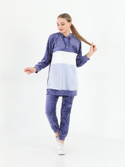 Lacivert Fransız Kadife Kapüşonlu Eşofman Takım