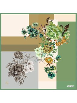 Çiçekli Desen Black Seri Twill Askısı İle Birlikte 90x90 Cm Yeşil Krem Eşarp