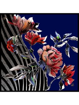 Çiçekli Desen Gold Seri Twill Askısı İle Birlikte 90x90 Cm Siyah Lacivert Eşarp Kırmızı