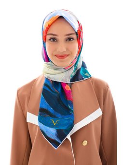 Çiçekli Desen Gold Seri Twill Askısı İle Birlikte 90x90 Cm Vizon Mercan Petrol Eşarp