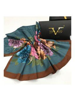 Çiçekli Desen Pavia Seri Askısı İle Birlikte 90x200 Cm Turkuaz Şal Kahverengi