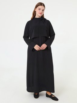 Bağlama Detaylı Şık Büyük Beden Siyah Elbise