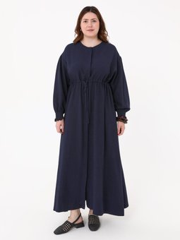 Beli Bağlamalı Önü Patlı Büyük Beden Lacivert Elbise