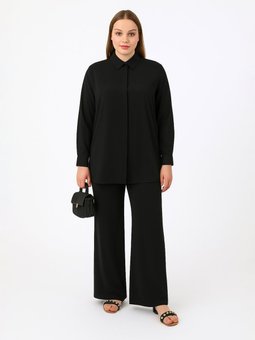 Büyük Beden Düğme Detaylı Saten Siyah Tunik