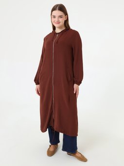 Büyük Beden Kapüşonlu Fermuarlı Aci Kahve Kap