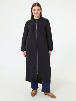 Büyük Beden Kapüşonlu Fermuarlı Siyah Kap