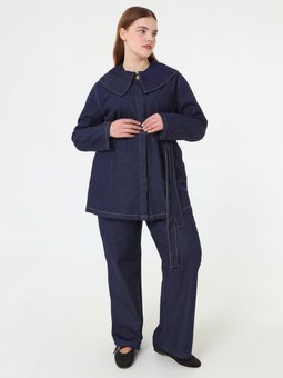 Denim Bebe Yaka Detaylı Büyük Beden Koyu Lacivert Tunik