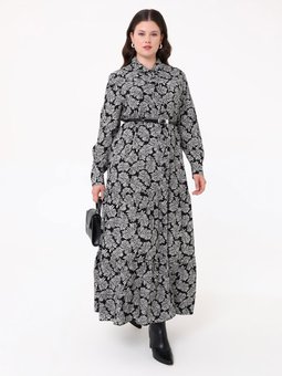 Doğal Kumaşlı Büyük Beden Çiçek Desenli Beyaz Elbise Siyah