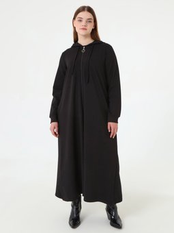 Fermuarlı Kapüşonlu Uzun Spor Büyük Beden Kap / Siyah Pardesü