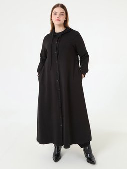 Kapüşon Detaylı Çıtçıtlı Spor Büyük Beden Siyah Pardesü