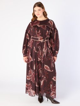 Soyut Desenli Roba Detaylı Şifon Bordo Elbise