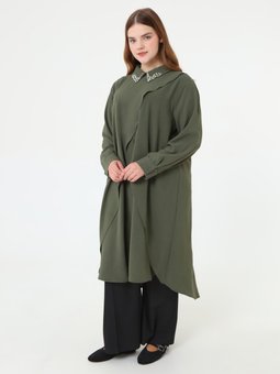 Yakası Taş Detaylı Uzun Büyük Beden Haki Tunik
