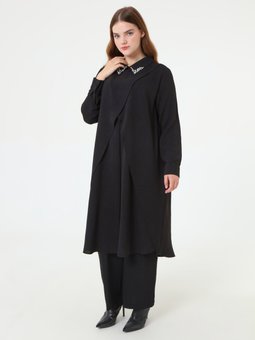 Yakası Taş Detaylı Uzun Büyük Beden Siyah Tunik