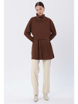 Kuşaklı Balıkçı Yaka Tunik Kahve