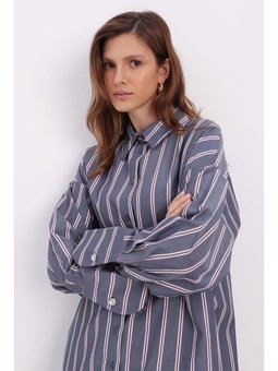 Pamuklu Çizgili Gömlek Tunik Lacivert Kırmızı