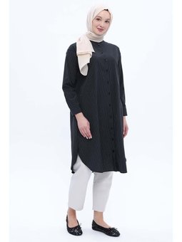 Pamuklu Çizgili Uzun Poplin Gömlek Siyah