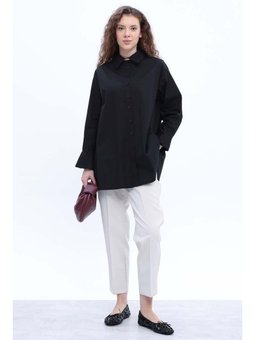 Pamuklu Pile Detaylı Poplin Gömlek Siyah