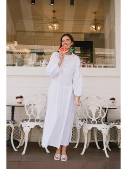 Pamuklu Yarım Patlı Fistolu Elbise Beyaz