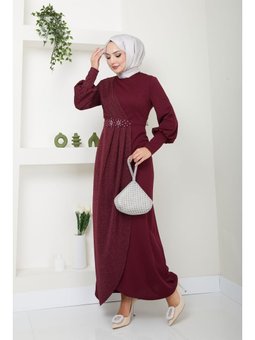 Giyim Moda Aplike Taşlı Uzun Günlük Abiye Elbise Bordo
