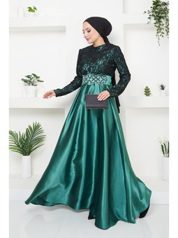 Giyim Moda Dantelli Saten Abiye Elbise Zümrüt Yeşili
