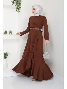 Giyim Moda Eteği Volanlı Kemeri Taşlı Abiye Elbise Kahverengi