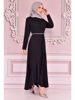 Giyim Moda Eteği Volanlı Kemeri Taşlı Abiye Elbise Siyah
