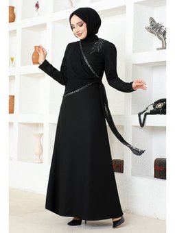 Giyim Moda Pul Aplikeli Krep Abiye Elbise Siyah