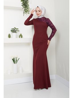 Giyim Moda Pullu Balık Uzun Tesettür Abiye Elbise Bordo
