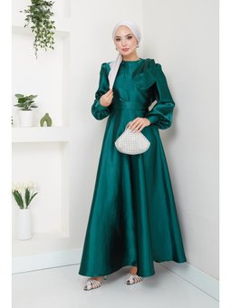 Giyim Moda Saten Fiyonklu Uzun Tesettür Abiye Elbise Zümrüt Yeşili