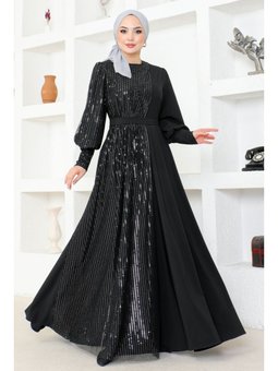 Giyim Moda Sim Tüllü Krep Abiye Elbise Siyah