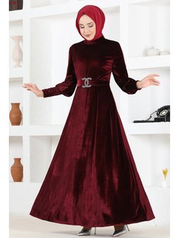 Giyim Moda Taş Tokalı Kadife Abiye Elbise Bordo