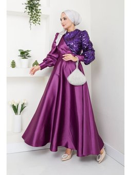 Moda Giyim Tesettür Pul Saten Abiye Elbise Mürdüm