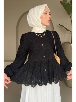 Düğme Detaylı Brode Siyah Gömlek
