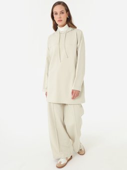 Dikiş Detaylı Kapüşonlu Tas Rengi Eşofman Takım