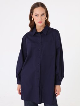 Poplin Kumaş Cep Detaylı Uzun Basic Bluz / Lacivert Gömlek