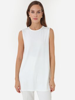 Rahat Kalıp Bisiklet Yaka Kolsuz Uzun Krem Tunik