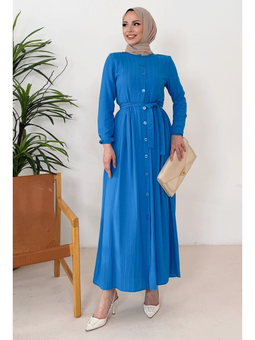 Esnel Kuşaklı İndigo Elbise