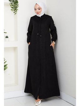 Gizli Fermuarlı Süet Siyah Ferace