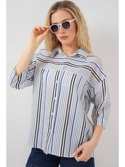 Çizgili Kısa Kol Lacivert Gömlek