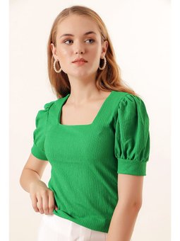 Kare Yaka Örme Yeşil Bluz