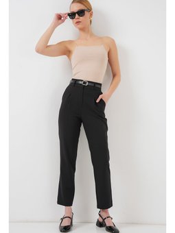 Pileli Kemerli Kumaş Siyah Pantolon