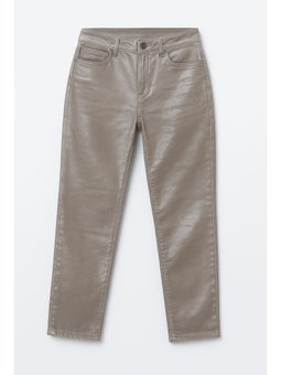 Yüksek Bel Parlak Mum Kumaş Straight Fit Jean Pantolon Taş