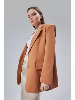 Oversize Astarlı Dokuma Blazer Taba Ceket