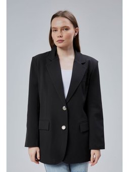 Oversize Düz Kesim Astarlı Dokuma Blazer Siyah Ceket