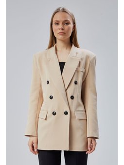 Oversize Kruvaze Yaka Astarlı Blazer Bej Ceket