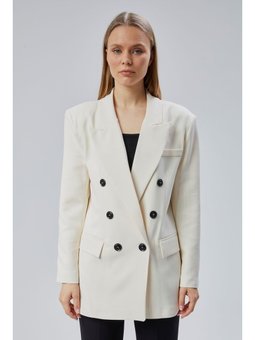 Oversize Kruvaze Yaka Astarlı Blazer Ekru Ceket